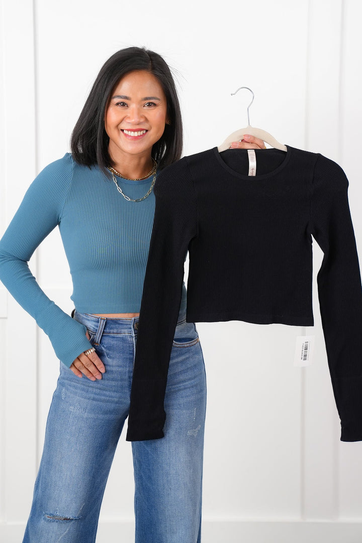 Ribbed Knit Long Sleeve Cropped Top with Thumb Hole Detail