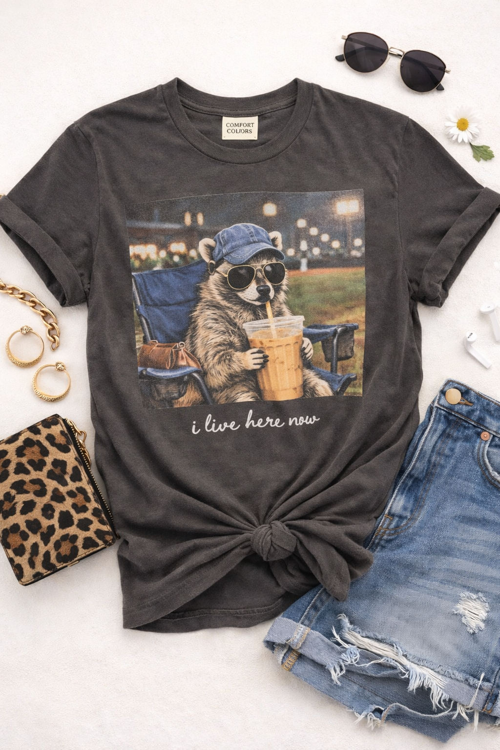 Plus/Reg Short Sleeve "I Live Here Now" Baseball Graphic Tee