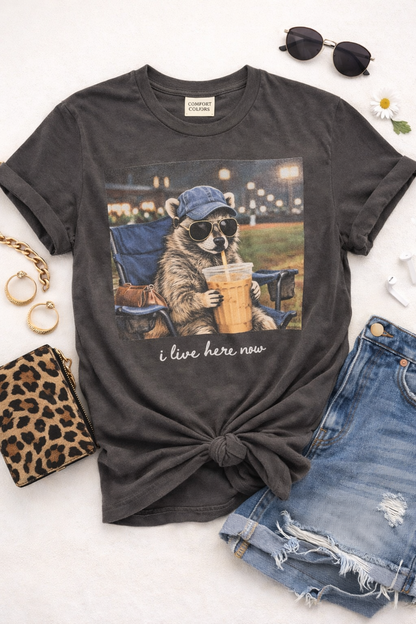 Plus/Reg Short Sleeve "I Live Here Now" Baseball Graphic Tee