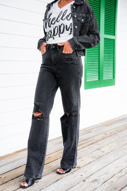 Judy Blue Straight Obsessed High Rise Black Rigid Magic 90's Distressed Straight Leg Jeans