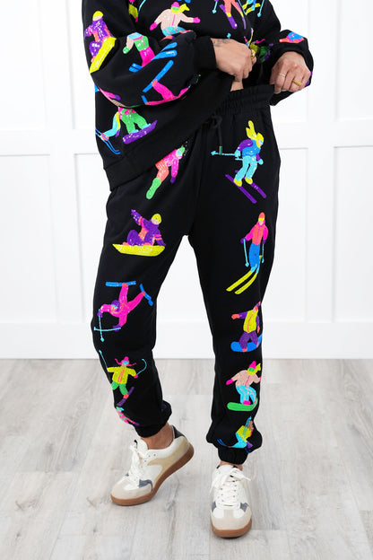 Plus/Reg Queen Of Sparkles All Over Neon Sequin Skiers Elastic Waist Joggers