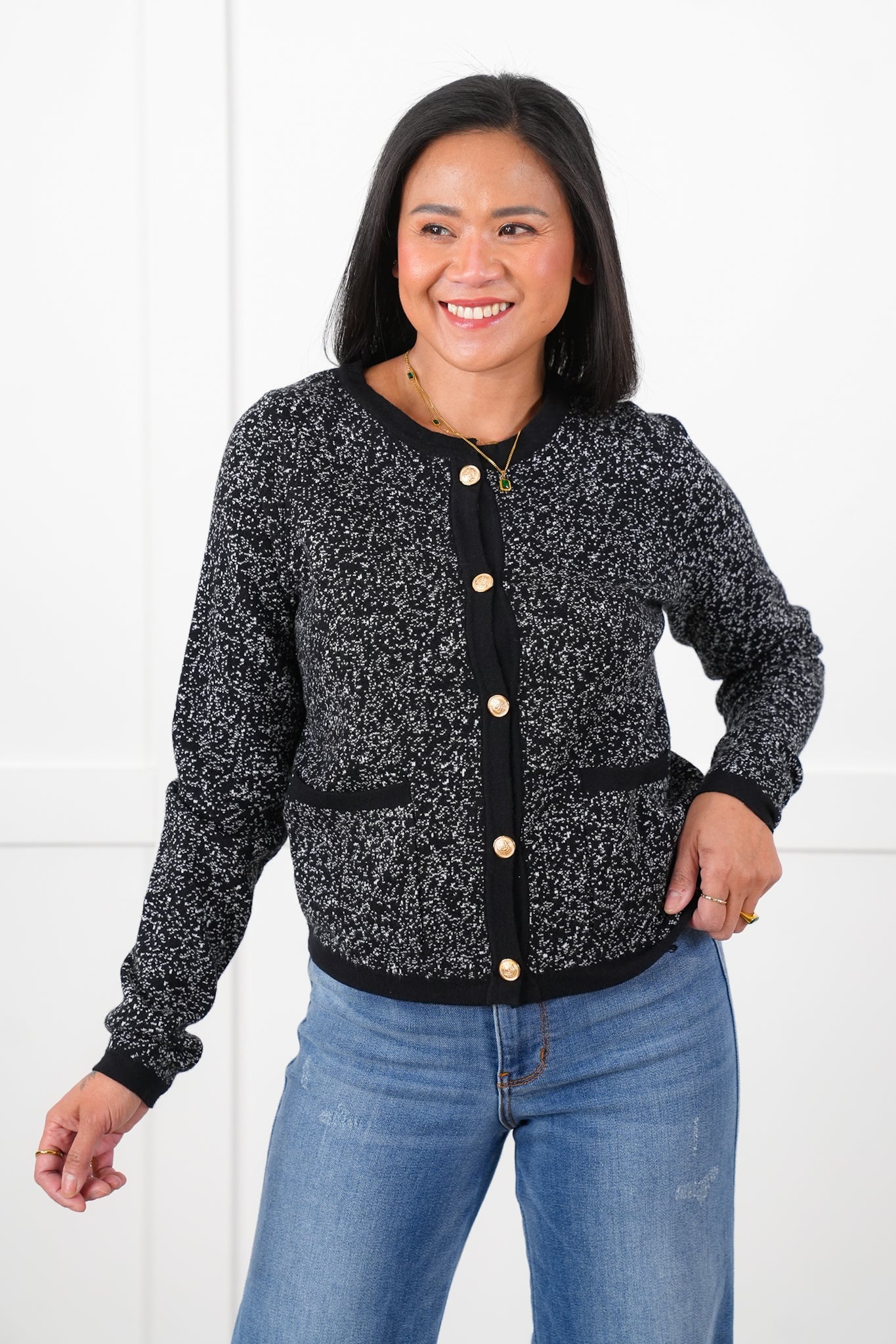 Black Speckled Long Sleeve Button Down Cardigan