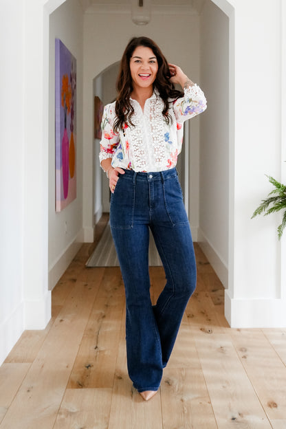 Judy Blue High Rise Dark Wash Flare Jeans with Patch Pockets