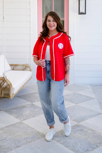 Red Short Sleeve Button Down Baseball Top with Sequin Detail