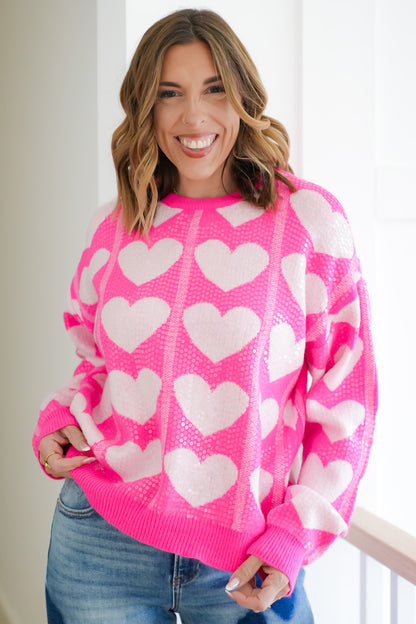 Heart Pattern Long Sleeve Pullover Sweater with Clear Sequins