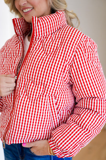 Gingham Print Puffer Jacket with Heart Quilting