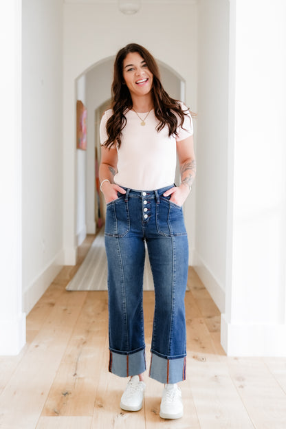 Risen Multi Inseam High Rise Dark Wash Cropped Wide Cuffed Straight Leg Jeans