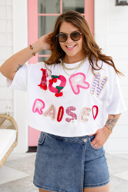Short Sleeve "Born & Raised" Patchwork Crop Top