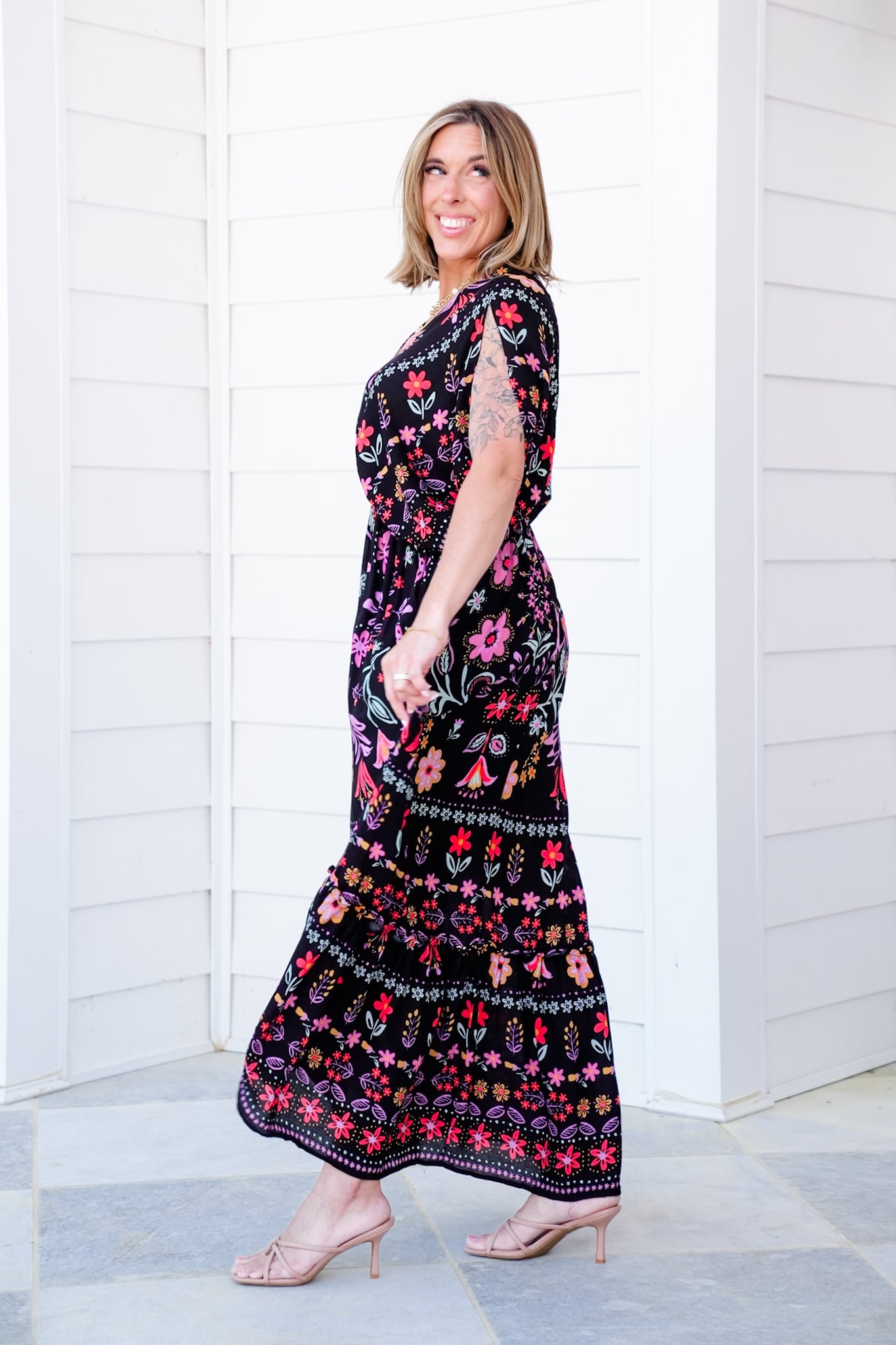 Black Floral Print Short Dolman Sleeve Maxi Dress with Side Pockets