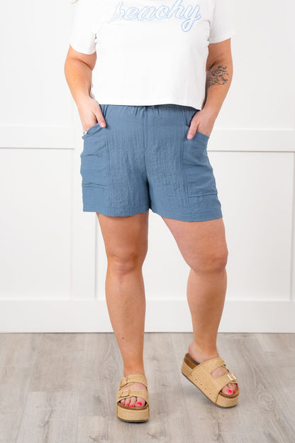Linen Blend Elastic Waist Shorts with Patch Pockets