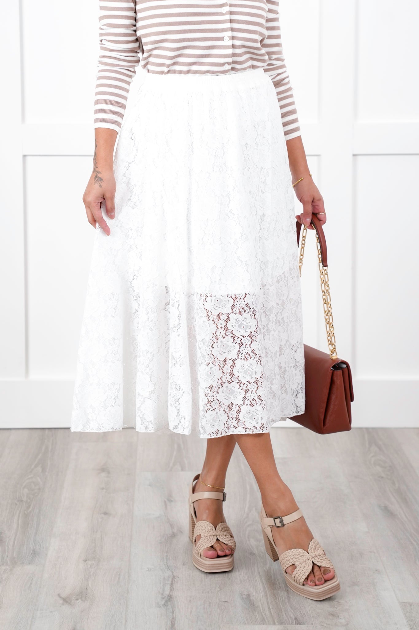 Floral Lace Elastic Waist Midi Skirt