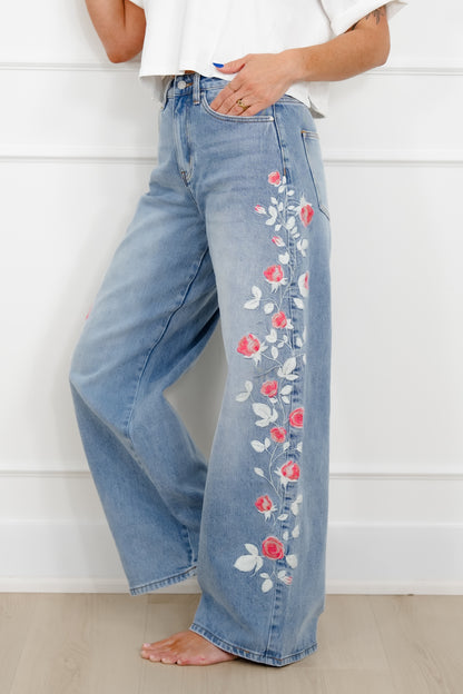 Bayeas High Rise Light Wash Barrel Jeans with Floral Embroidery