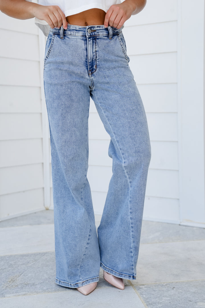 Judy Blue High Rise Light Wash Retro Wide Leg Jean with Skewed Inseam