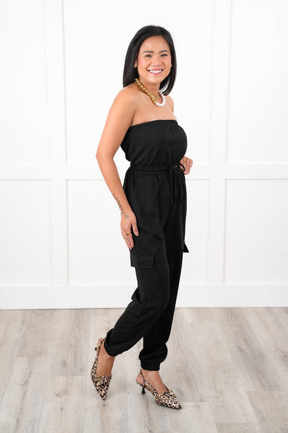 Solid Strapless Cargo Jogger Jumpsuit