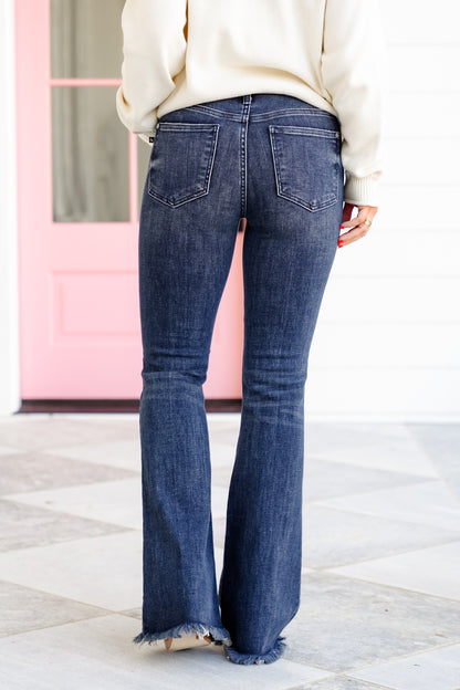 Judy Blue Mid Rise Dark Wash Distressed Flare Jeans with Frayed Hem