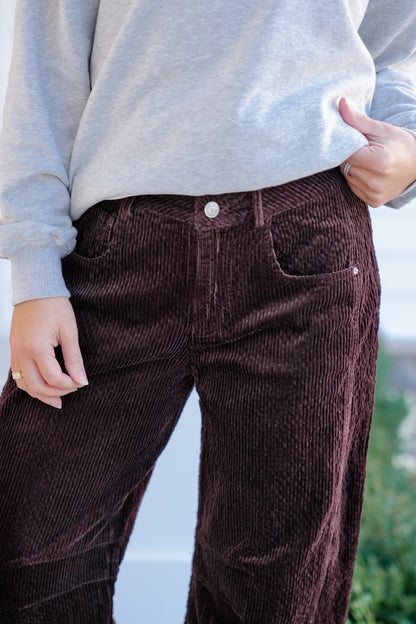 Plus/Reg Corduroy High Waist Barrel Leg Pants
