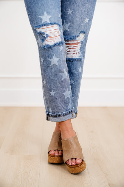 Saige Mid Rise Medium Wash Slim Boyfriend Jeans with Star Print