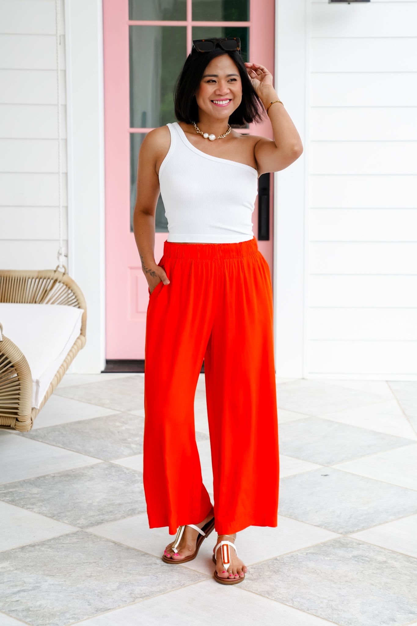 Solid Woven Elastic High Waist Wide Leg Pants