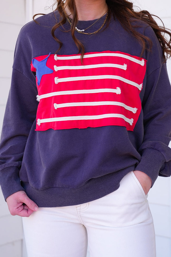 Mineral Wash Long Sleeve American Flag Patch Sweatshirt