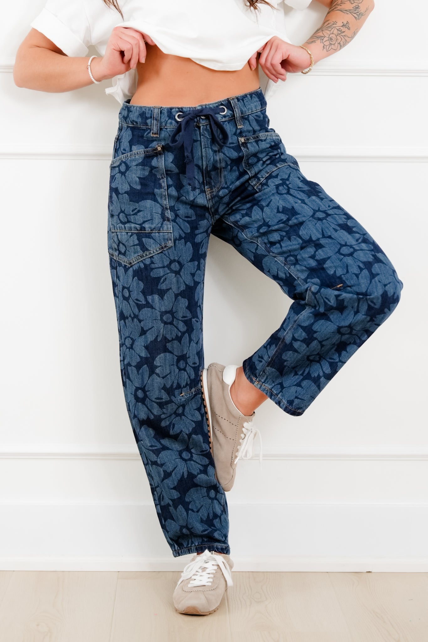 Risen Mid Rise Dark Wash Floral Relaxed Barrel Jeans