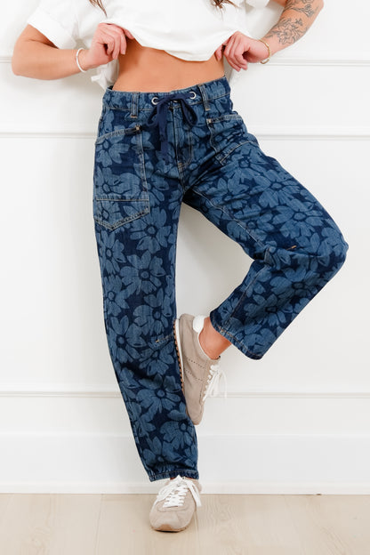 Risen Mid Rise Dark Wash Floral Relaxed Barrel Jeans