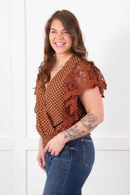 Polka Dot Short Ruffle Sleeve Wrap Top with Lace Detail