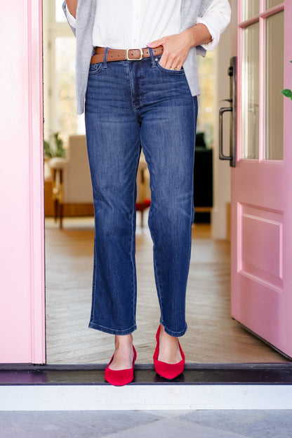 Judy Blue Mid Rise Dark Wash Petite Tummy Control Classic Straight Leg Jeans