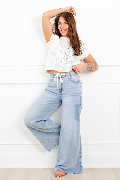 Judy Blue High Rise Light Wash Elastic Waistband Featherweight Palazzo Jeans with Shadow Pockets
