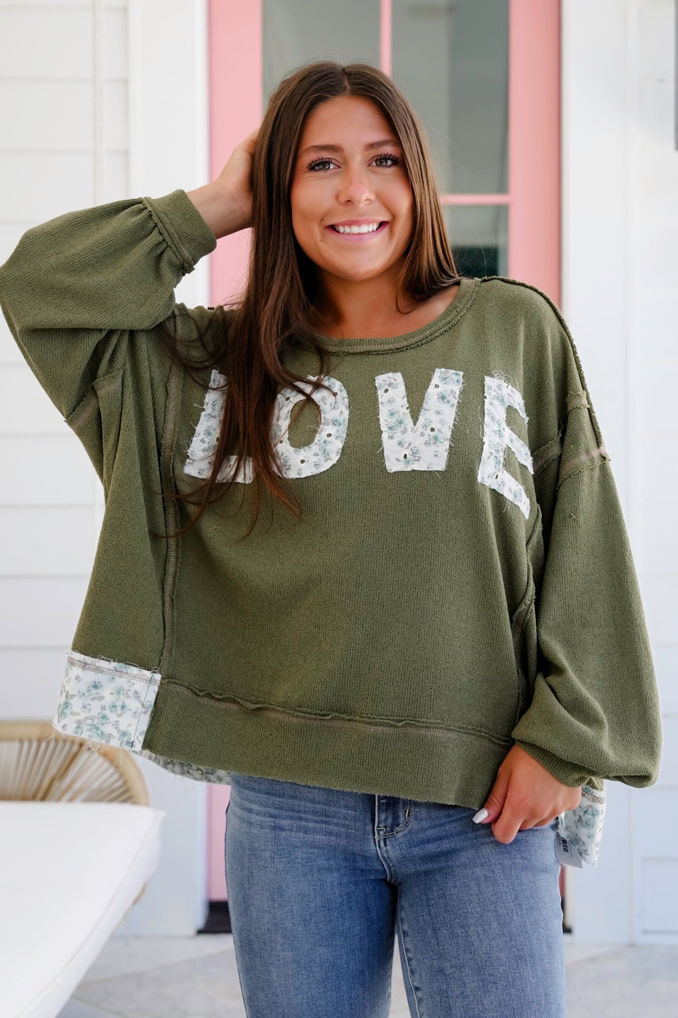POL Knit Long Sleeve Top with Floral "Love" Patch Detail