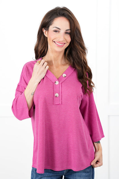 Door Buster! Plus/Reg Thermal 3/4 Sleeve V-Neck Top with Button Detail