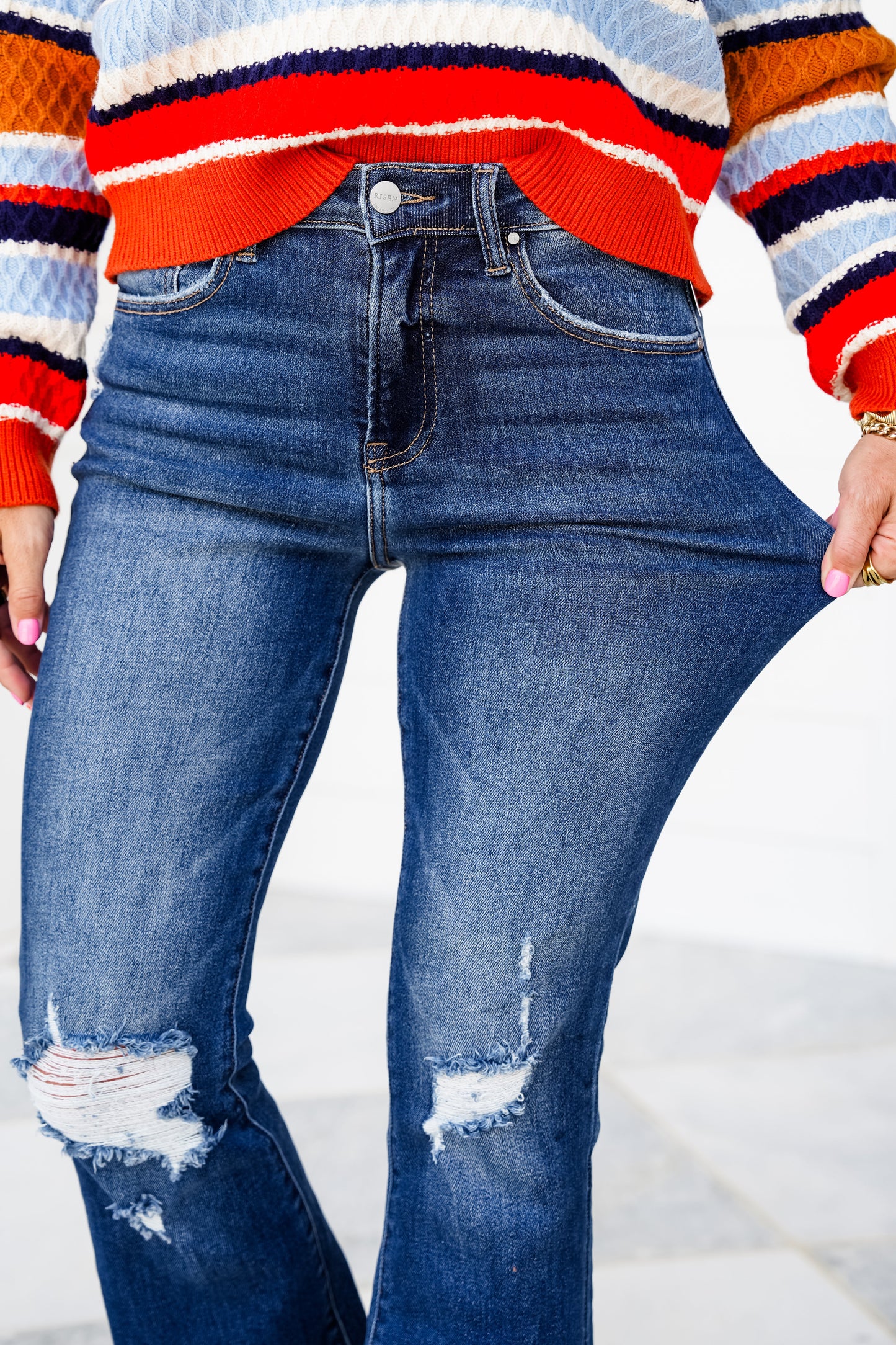 Risen The Stella  High Rise Dark Wash Cropped Distressed Flare Jeans