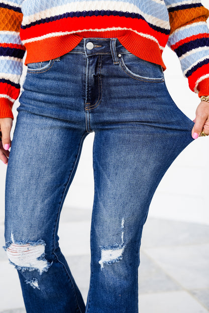 Risen The Stella  High Rise Dark Wash Cropped Distressed Flare Jeans