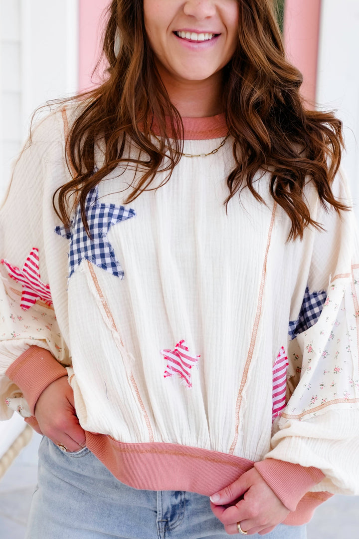 Long Dolman Sleeve Gauze Top with Star Patch Details