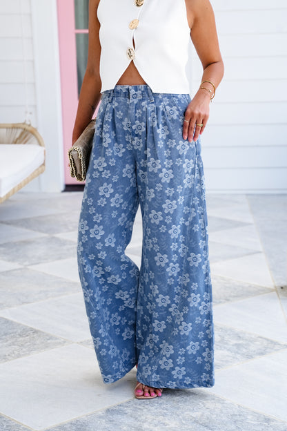 Floral Texture High Waist Wide Leg Jeans