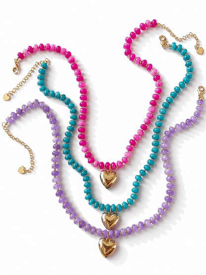 Vibrant Natural Stone Beaded Necklace with Heart Charm - Freckled Poppy