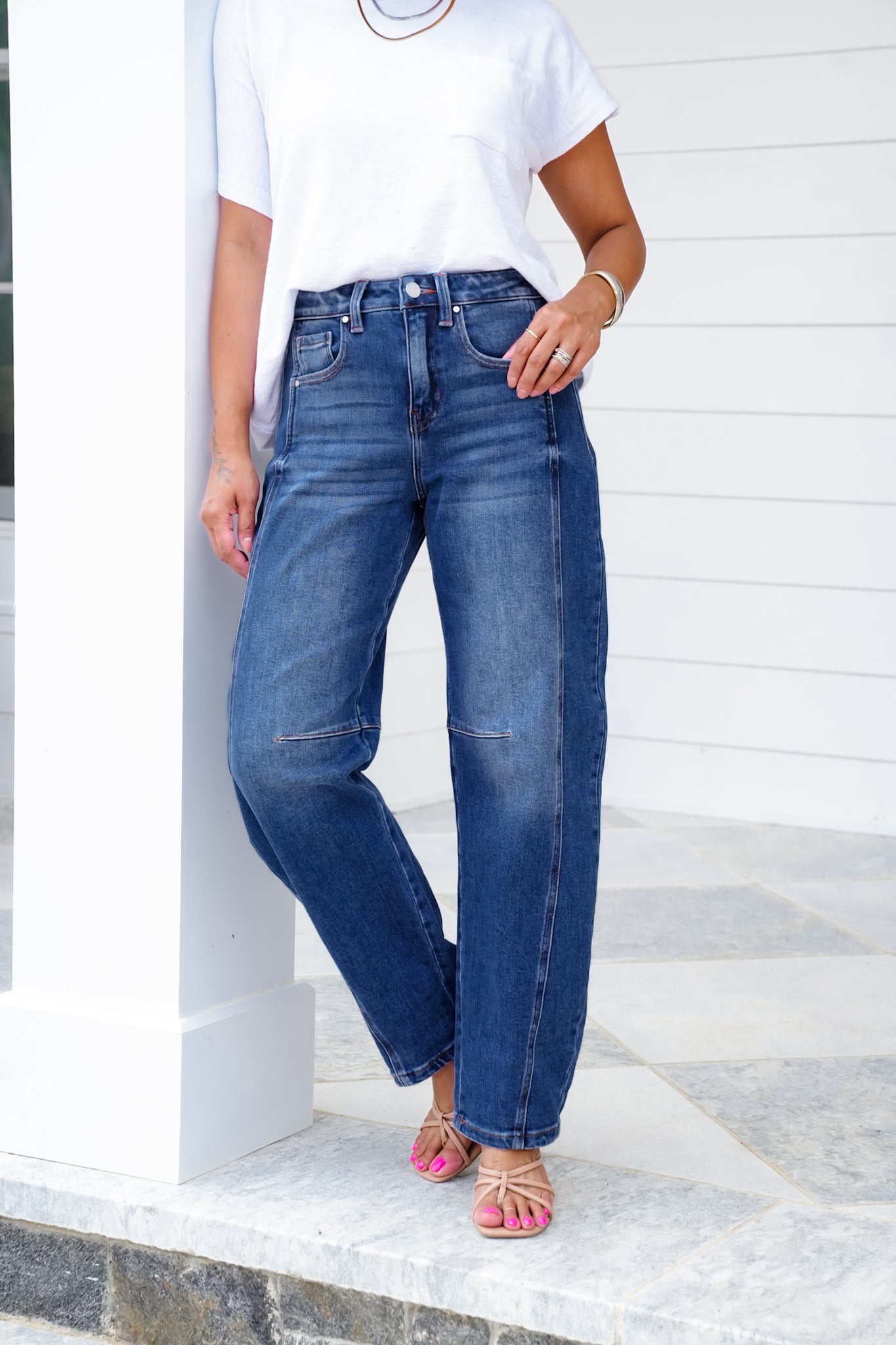 Risen High Rise Dark Wash Boyfriend Cuffed Barrel Jeans