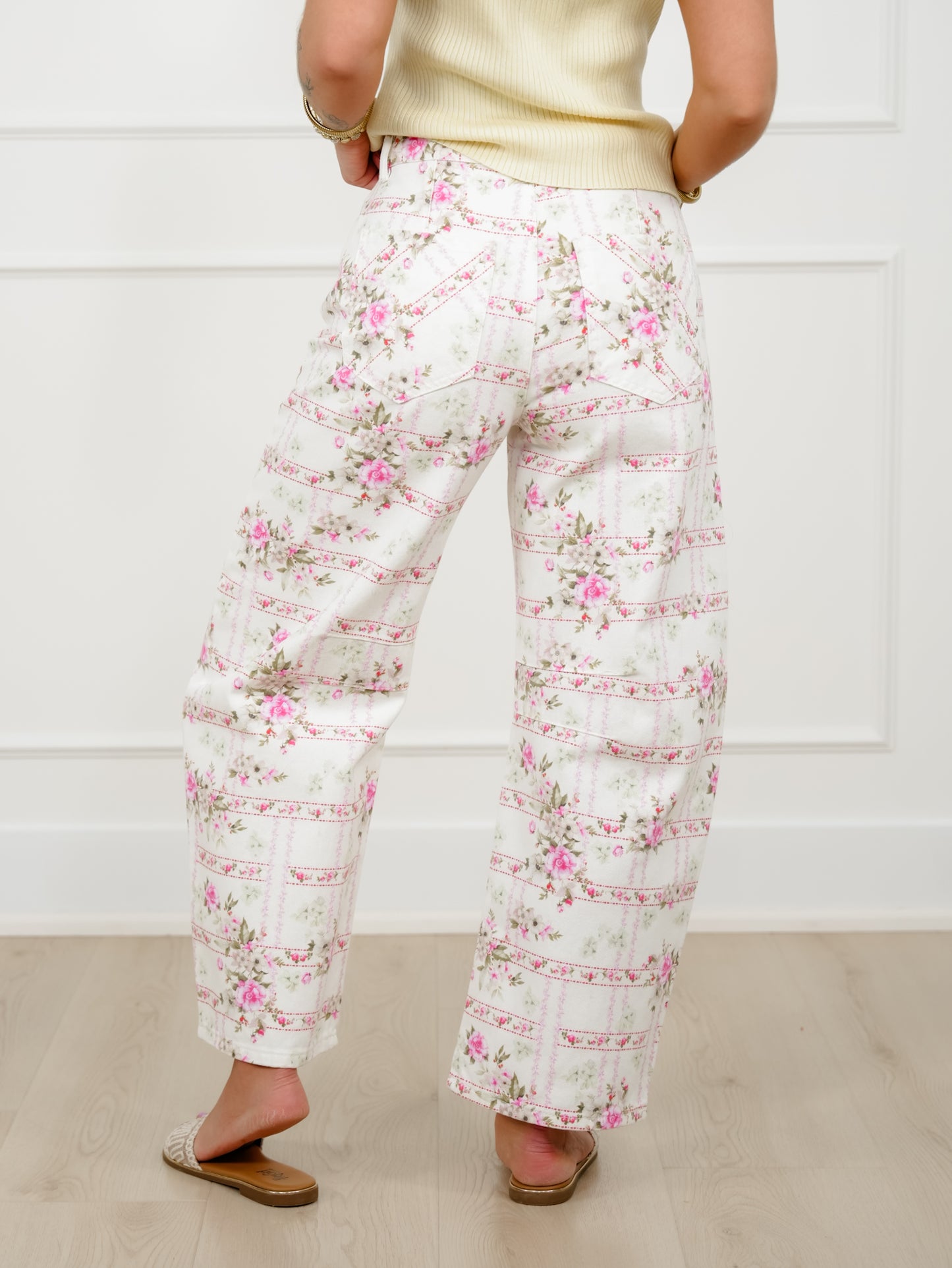 Floral Stripe Print Mid Rise Barrel Pants