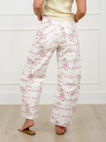 Floral Stripe Print Mid Rise Barrel Pants