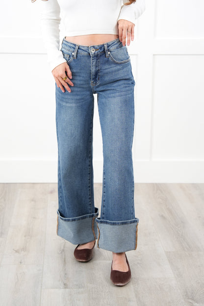 Special A Mid Rise Dark Wash Wide Leg Jeans