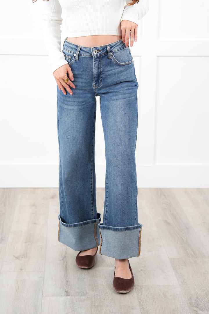 Special A Mid Rise Dark Wash Wide Leg Jeans
