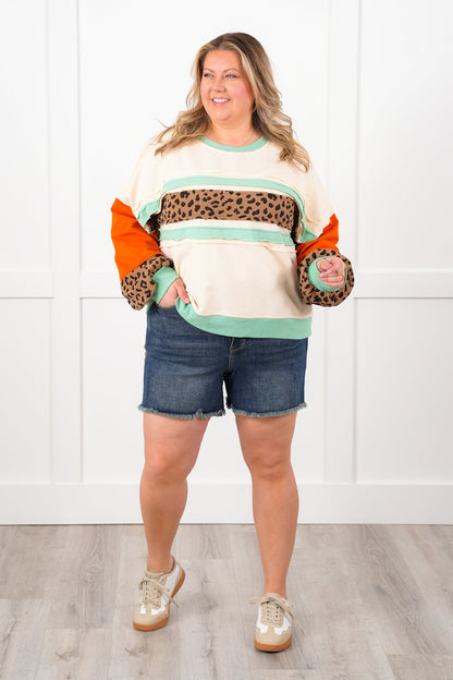 Color Block Long Sleeve Pullover Top with Leopard Detail