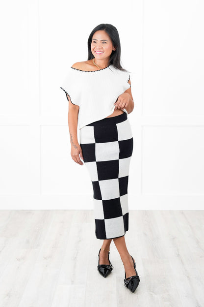 Restock! Plus/Reg Checkered Pencil Midi Sweater Skirt