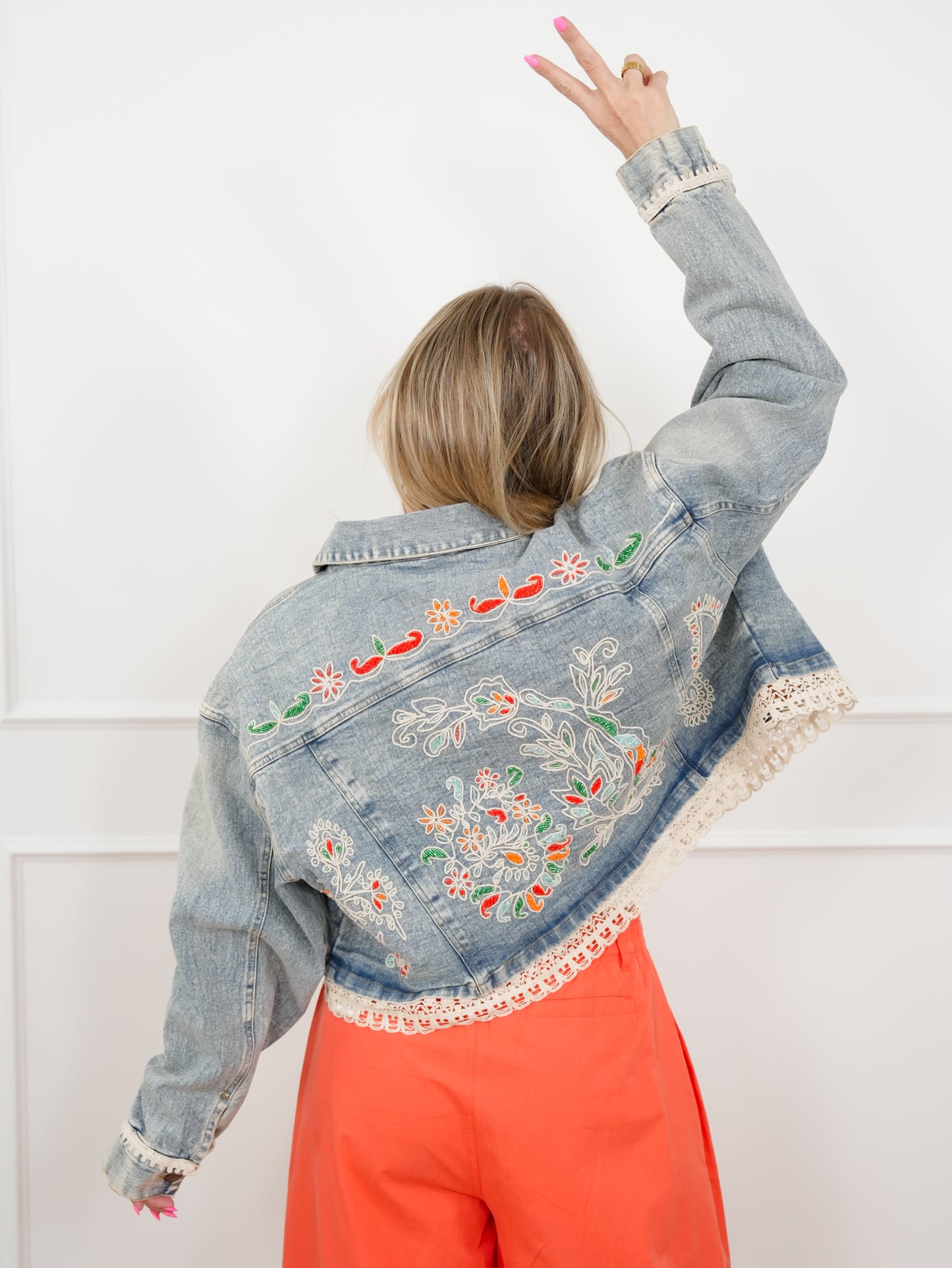 POL Embroidered Long Sleeve Jacket with Lace Trim