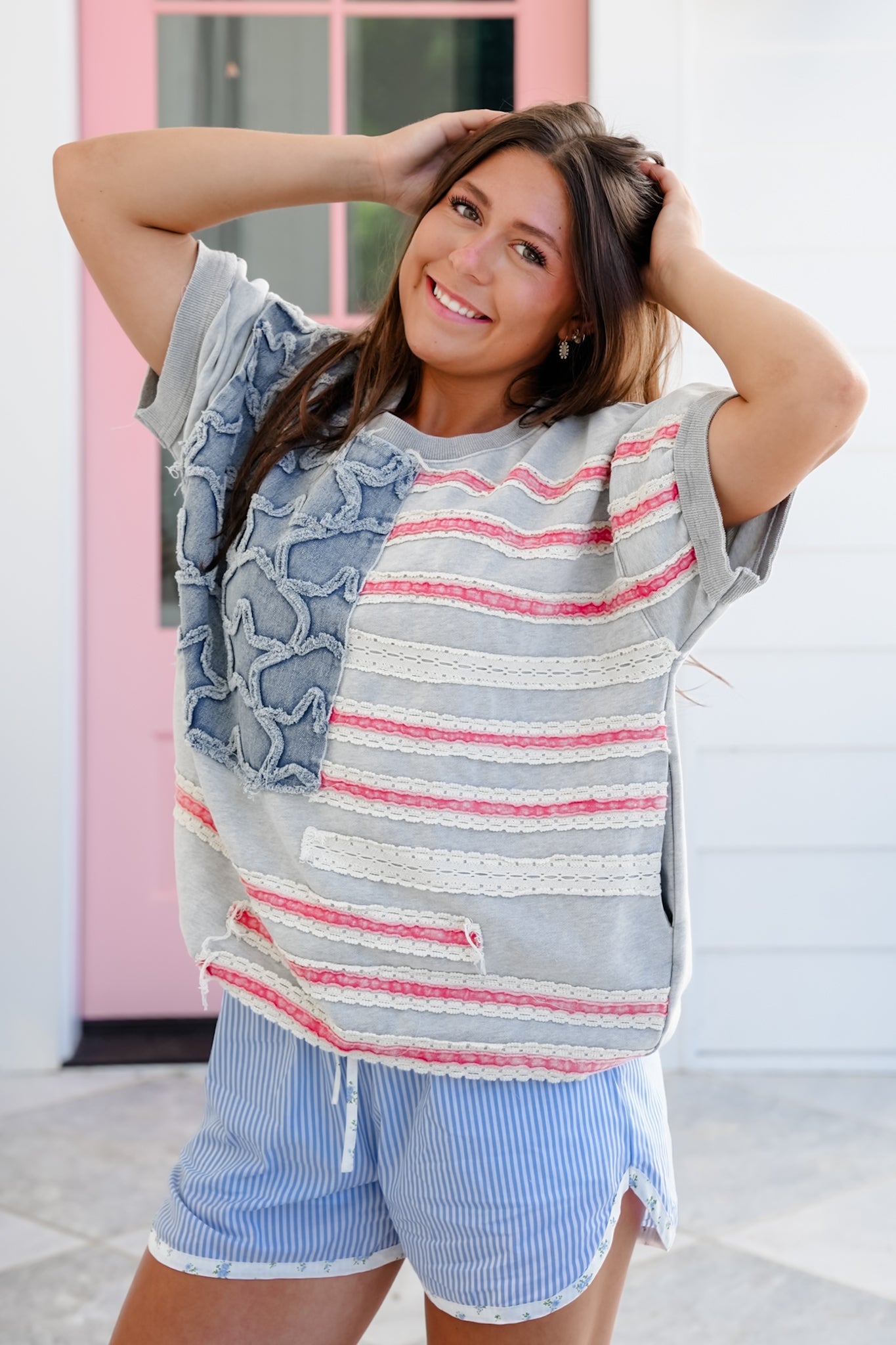 Mineral Wash Short Sleeve Pullover with American Flag Detail
