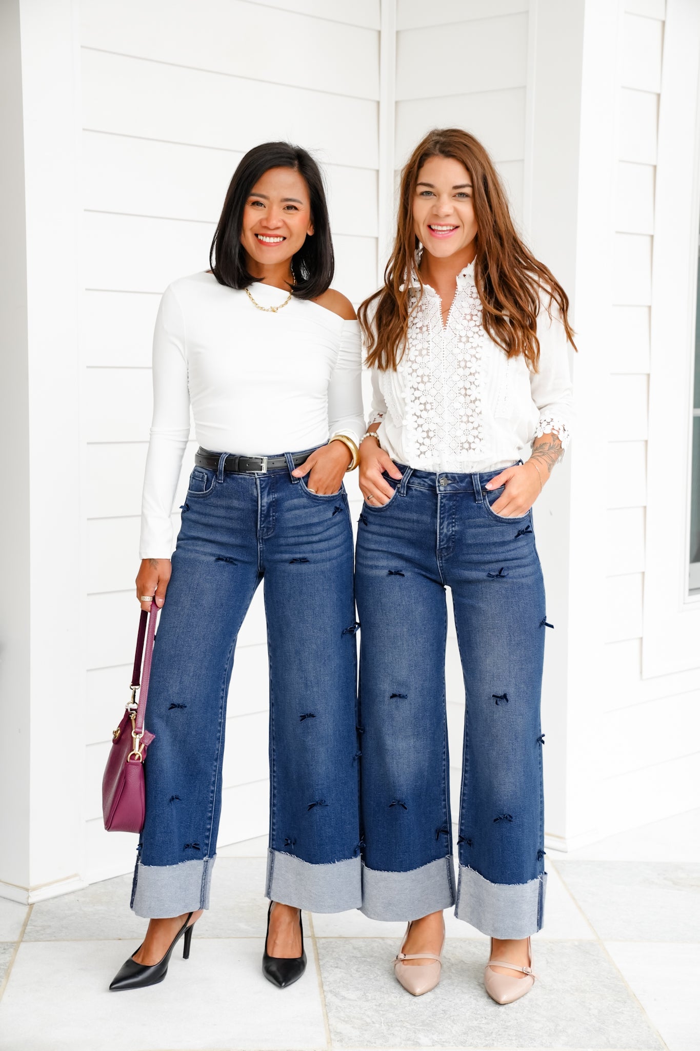 Risen High Rise Dark Wash Tummy Control Crop Wide Leg Jeans with Bows