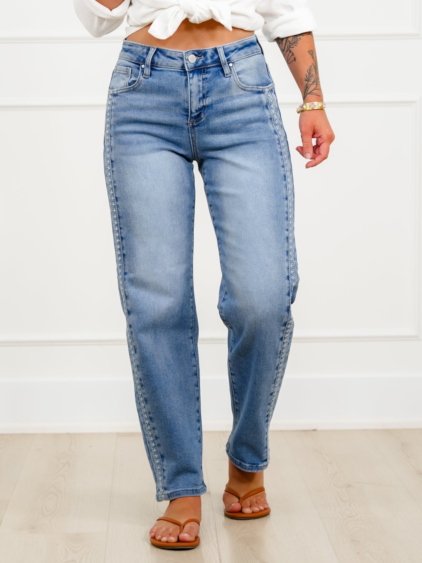 Risen High Rise Medium Wash Barrel Jeans with Embroidered Side Accents
