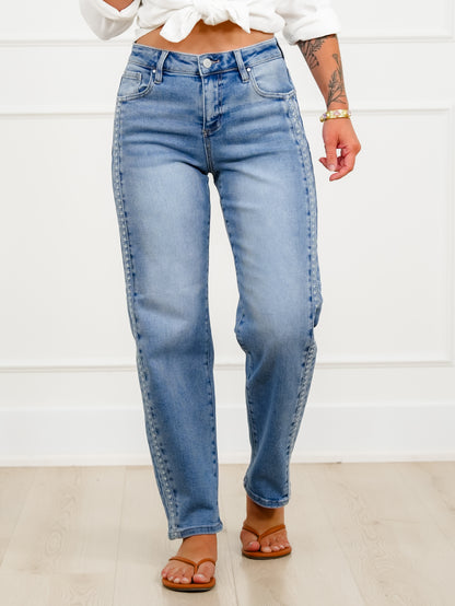 Risen High Rise Medium Wash Barrel Jeans with Embroidered Side Accents