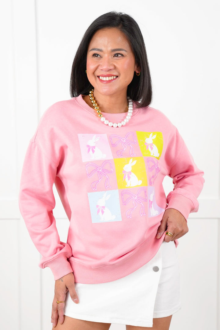 Checkered Bunny and Bows Graphic Long Sleeve Pullover Sweatshirt