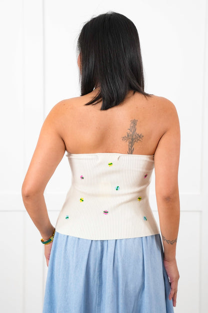 Strapless Ribbed Knit Top with Floral Embroidery Detail