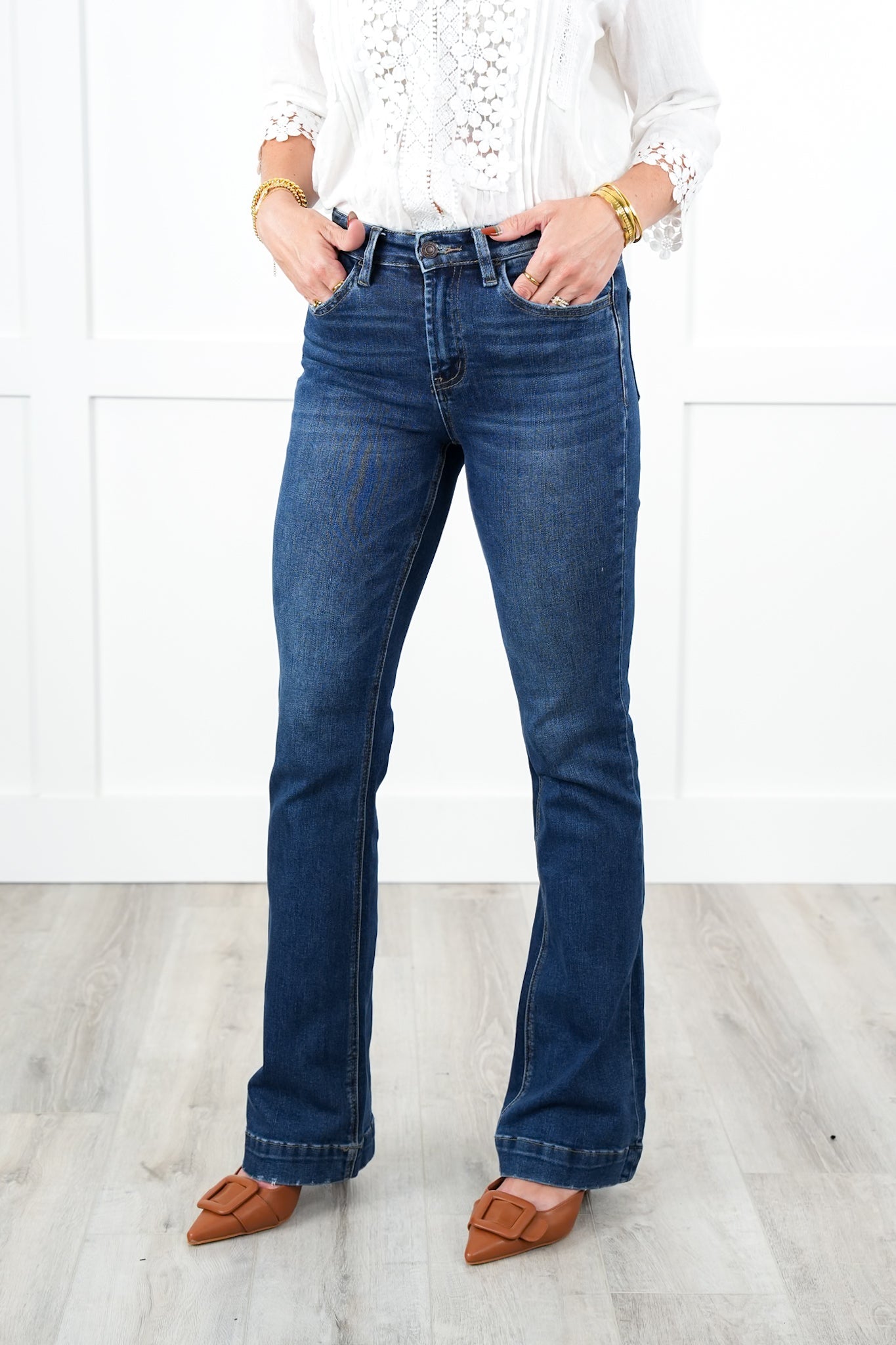 Vervet High Rise Dark Wash Trouser Hem Bootcut Jeans